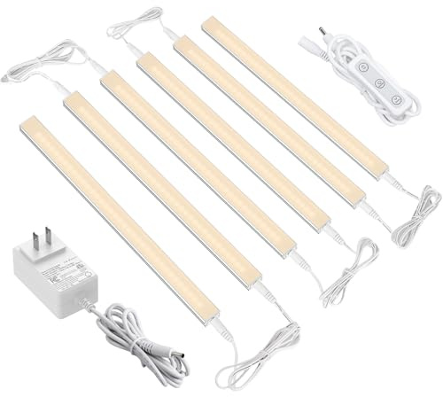 ASOKO Dimmable Under Cabinet Lighting - 6 Pcs 12 Inch Linkable Led Counter Light Bars, Warm White 2700K, DC24V 1320Lumens, 18W Shelf Lighting (ETL Plug)