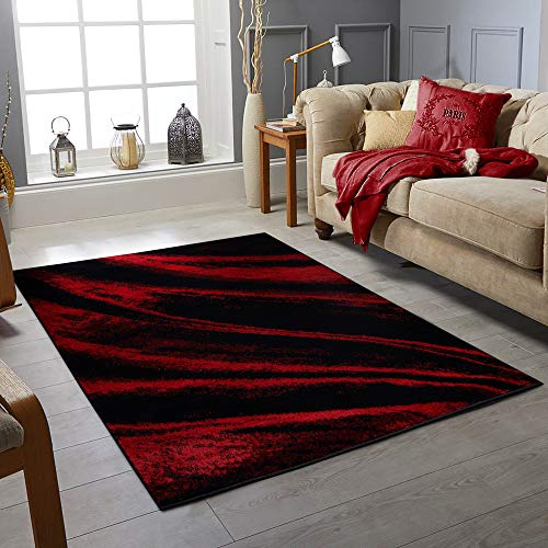 RUGSTORE Modern Style Rug WAVES Design Black Grey Charcoal Rugs Living Room Extra Large Size Soft Touch Short Pile Carpet Area Rugs Non Shedding (160 X 230 CM, RED)