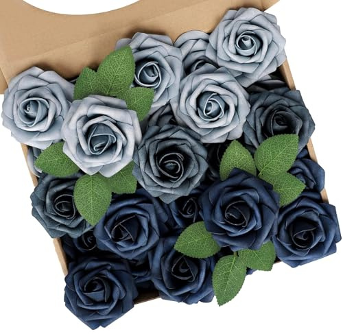 N&T NIETING Fiori artificiali, 25 fiori di rosa realistici al tatto con stelo, per bouquet da sposa fai da te, centrotavola, composizioni floreali, tavoli per feste, decorazioni per la casa, blu navy
