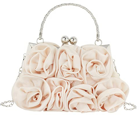 MEGAUK Damen Elegante Handtasche Blumen Clutch Seide Abendtasche Henkeltasche Crossbody Bag mit Kette Kisslock Design (Champagner)