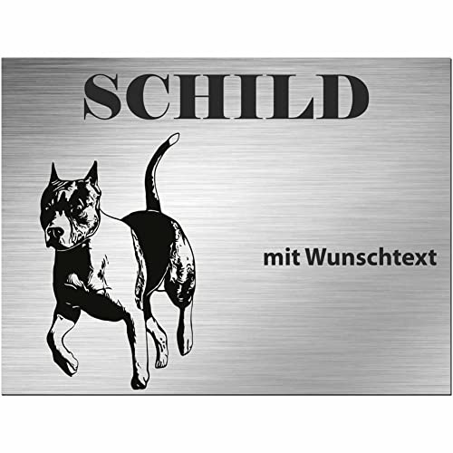 INDIGOS UG - Schilder selbst gestalten American Stafford - Wunschtext personalisiert - Aluverbundplatte Edelstahllook - ab 20x15 cm - Spruch - Deko Geschenkidee für Ihren Hund - Zaun - Türschild