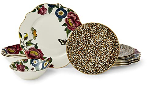 Spode x Creatures of Curiosity 12-teiliges Tafelservice – luxuriöses Mix-and-Match-Geschirr mit Blumen- und Leopardenmuster, verziert mit exquisiten 22-karätigen Golddetails