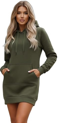 OZONEE Damen Hoodie Kapuzenpullover Lang Sweatjacke Sweatkleid Winterkleid Herbstkleid Kleid Sweatshirt Sweatshirtkleid Kapuzenjacke Kapuzenpulli Kapuze Langarm Sport JS/YS10003Z/29 Khaki M