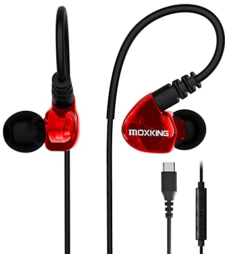 MOXKING Écouteurs intra-auriculaires USB C de type C, écouteurs filaires intra-auriculaires avec basses améliorées, microphone et télécommande pour course à pied, jogging, gym (rouge de type C), LX28