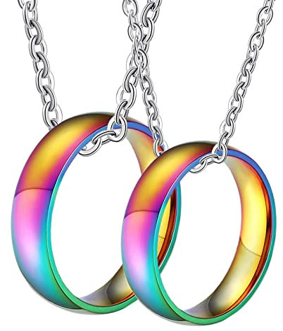 BCughia Partner Kette Ring, Partnerketten mit Gravur Gold Halskette Gravieren Polierter Regenbogen LGBT Ring 6 mm Necklace Freund