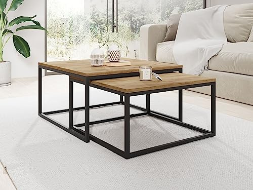 WFL GROUP Rechteckige Quadratische Satztische Couchtische mit Schwarz Gestell - Loft Style Couchtische Metallbeine - 2 in 1 - Zwei Industrielle Getrennte Tische für Wohnzimmer - Craft Eiche