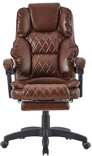Chefsfåtölj med fotstöd och flexibla 3-punkts-armstöd skrivbordsstol i läderutseende ergonomisk kontorsstol med justerbart ryggstöd för hälsosammare sittställning, färg: mörkbrun