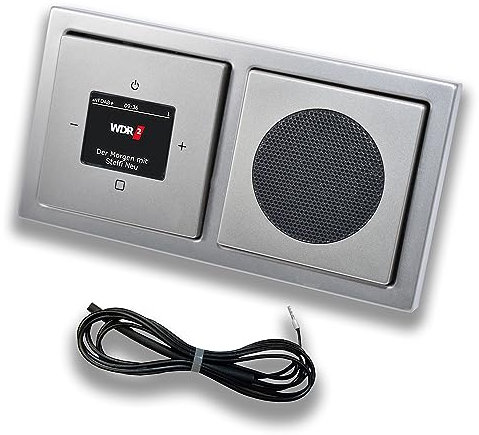 Busch Jäger DAB+ (DAB PLUS) Unterputz Radio 8215U-101 PUR Edelstahl, Set mit Lautsprecher, Abdeckungen und Rahmen + 0,9 m EBROM Wurfantenne zur Empfangsoptimierung - 8215 U – 101