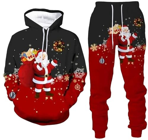 Costume de Noël pour Homme - Sweat à Capuche et Pantalon de Survêtement Amusant - Père Noël - 2 Pièces - Veste et Blazer - Tenue de Fête
