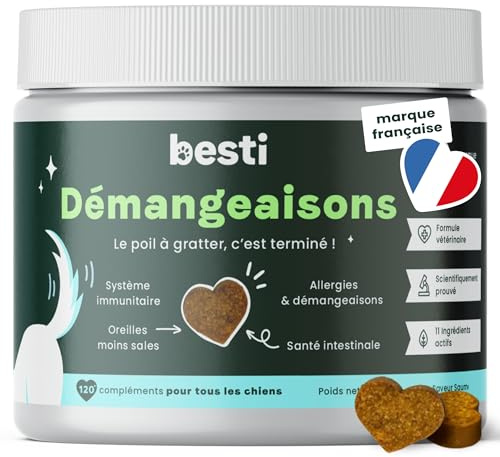BESTI - Démangeaisons | 120 Compléments Alimentaires Premium pour Chiens | Contre Léchages, Grattements, Mordillements | Omega 3, Probiotiques | Marque Française - Formule Vétérinaire | Saumon | 300g