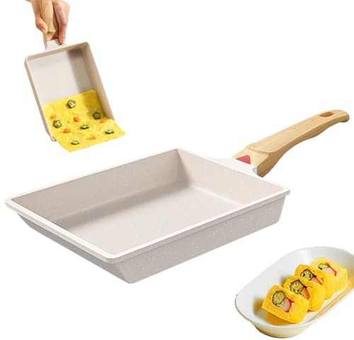 Weduspaty Tamagoyaki Pan, Tamagoyaki Pan Non Stick Japanese Omelette Pan 7.9x6.3'' Square Frying Pan with Wooden Handle Japanese Egg Frying Pan Cooktop Safe Cooking Tools White, Omelette Pan
