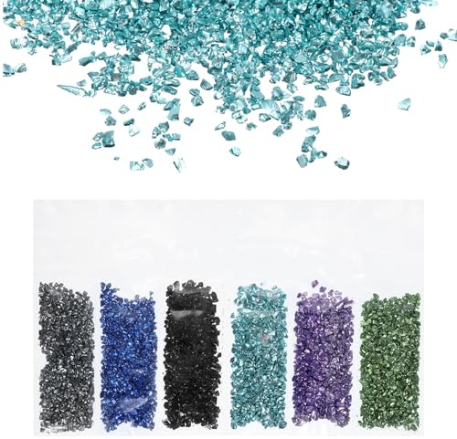 QUARKZMAN Zerkleinertes Glas Hoch Glanz Chips 1-3mm 29g Unregelmäßiges Glas Metallisches Kristall Chips für Harz Kunst Handwerk Dekoration 6 Farben Blau Grüne Farbe Serie