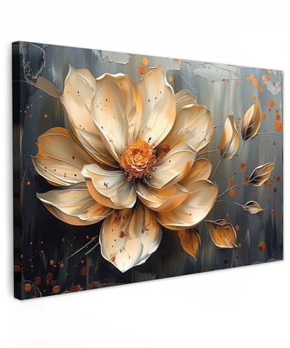 MuchoWow© Leinwandbild Groß XXL Dekoration Wohnzimmer Bilder Pictures Wall | 120x80 cm - Decoration Living Room Wohnungs Deko Moderne Bild Blumen - Gold - Kunst - Schwarz - Modern