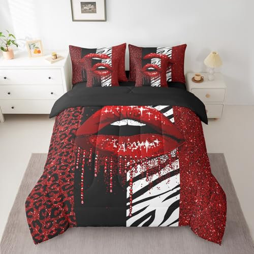7-teiliges Bettwäsche-Set mit glitzernden Lippen, rote Pailletten, funkelndes Bettwäsche-Set für Kinder und Mädchen, schwarz-weißes Leopardenmuster (1 Steppdecke, 1 Spannbetttuch, 1 Bettlaken, 2