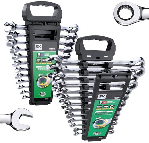 SK Juego de llaves de trinquete, juego de llaves combinadas, 25 piezas, SAE de 1/4 a 1 pulgada, métricas de 8 a 19 mm, 72 dientes, construcción CR-V premium, con organizador de estante