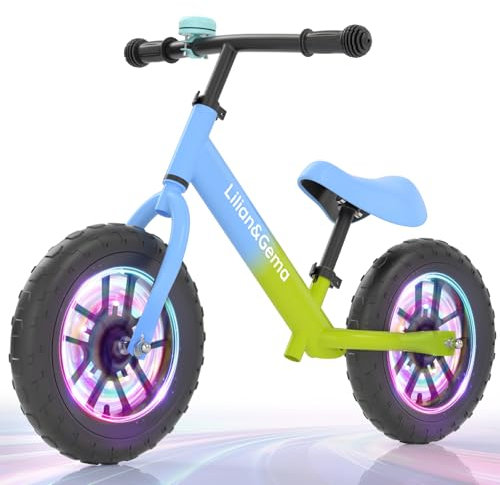 Lilian&Gema Kinder Laufrad ab 2 Jahre Mädchen Jungen, Buntes Beleuchtete Räder, Licht Fahrrad Kinder Lenkrad und Sattel Höhenverstellbar, 12 Zoll Laufräder, Balance Bike für 2-5 Jahre, Grün