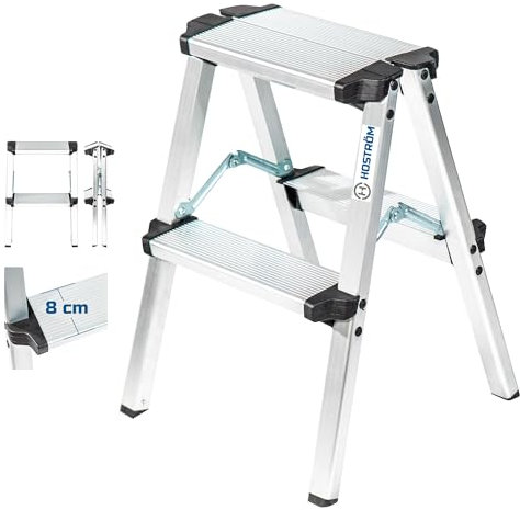 HOSTRÖM Escabeau Marche Pied 2 marches HOMILIX2, Petit escabeau Pliable, Aluminium, Design Compact et Robuste, H Max Travail 2,08m, 5 Ans Garantie