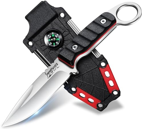 Japaknives Klein Outdoor Messer 9cm Feststehende Klinge G10 Griff, Schwarz | Vielseitige Scheide mit Kompass, Full Tang Campingmesser für Angeln Bushcraft Wandern, Männer Geschenk