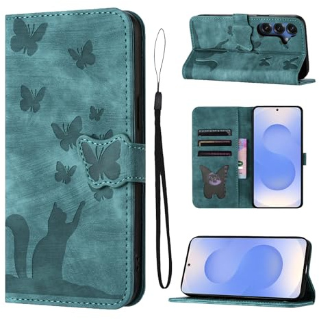 LSPCASA Fodral för Samsung Galaxy S25/S24 5G Tum PU-Läder-Material Skal S25/S24 Med Katt Fjäril Mönster Kortplats Fodral S25/S24 Grön
