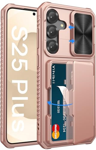 Vihibii for Samsung Galaxy S25+Plus Case with Card Holder (4 Cards), [RFID Blocking] & Slide Camera Cover, Military Grade Drop Protection, Rugged Wallet Case for Samsung S25+ Plus 6.7 5G, Rose Gold