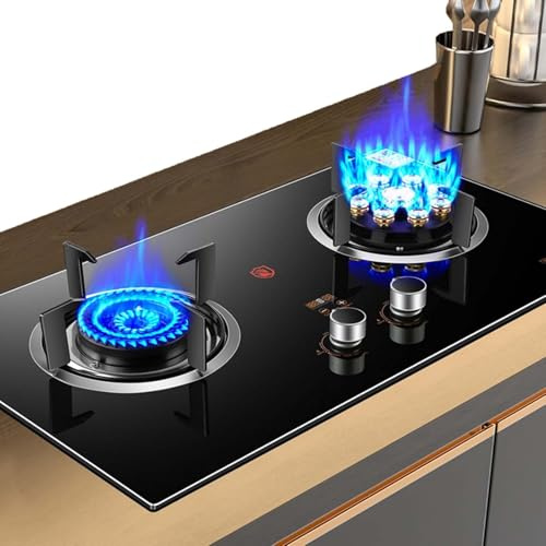 THEGA Stufa A Gas Ventilata, Fornello A Gas da Interno con 2 Fuochi, Pannello in Vetro Temperato, Fiamma Alta Temporizzata A 9 cavità da 5,0 KW/5,2 KW, Adatto per Gas Naturale/GPL(NG)