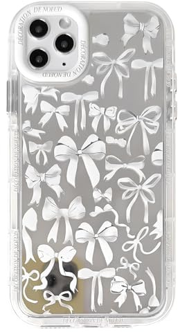 NITITOP Compatible with iPhone 11 Pro Max Case Cute Glossy Mirror White Bowknot Pattern for Women Girls Bow Ribbon Design Shockproof Silver Protective Phone Cover - White
