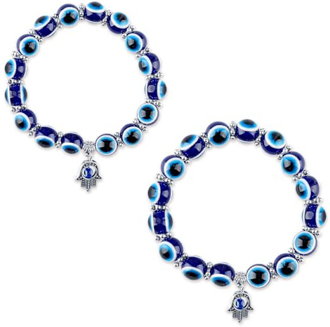 Bojueshaw 2PCS Blue Evil Eye Bracelet - Hand & Demon Eye Beaded Charm Bracelet, Comfortable Wear, Ideal for Couples, Lucky Protection Gift