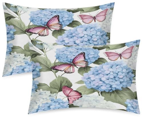 Mexpekil Blooming Hydrangea Flowers Butterfly 2 Pack Satin Pillowcase for Hair and Skin, Smooth Like Silk Pillowcases, Pillow Case Covers Queen Size 20x30 in for Bedroom