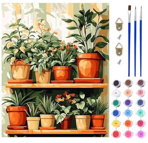 AIRDEA Pintar por Numeros Adultos, DIY Pintura por Numeros Adultos, Estantes con plantas Paint By Numbers Adult Pintura al óleo de Lienzo con Pinceles Pigmento Acrílico 40x50 cm (Sin Marco)