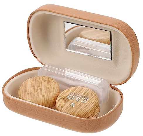 ERINGOGO Contact Box Leather and Wood Texture Portable Case for Eye Care for Travel and Daily Use