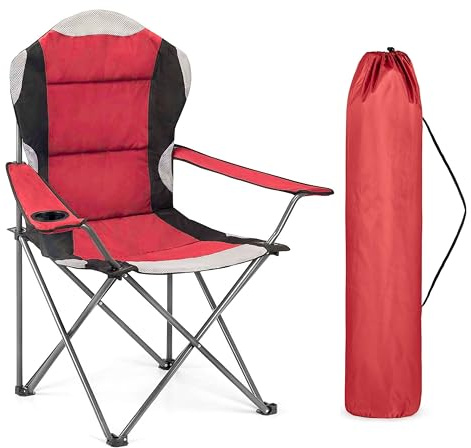 ADEPTNA High Back Folding Camping Chair Luxury Padded Seat Heavy Duty Tubular Steel Frame, Cup Holder Armrest Carry Bag Portable Outdoor Chair Camping Fishing Garden Festival Ideal Summer (RED)