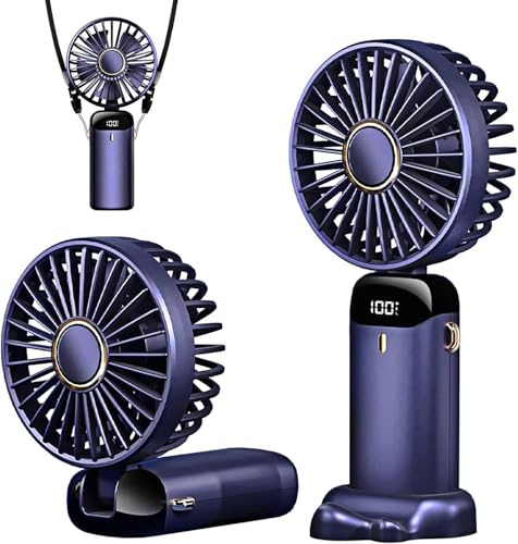 Portable Handheld 5 Speed USB Rechargeable Foldable Mini Fan, LED Digital Display Personal Cooling Fan for Office, Bedroom, Festivals & Outdoor Use (Dark Blue)
