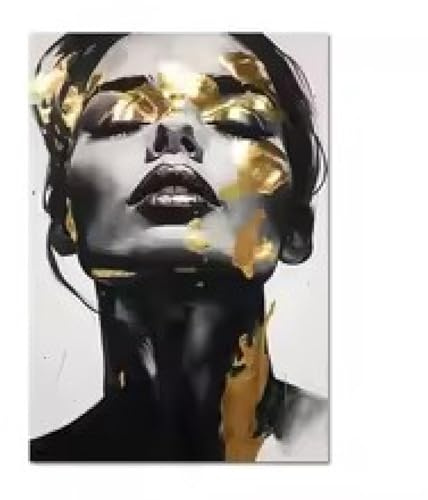DHHXY Leinwand Bilder， Modernes goldenes schwarzes Frauenporträt, Leinwanddruck, Wandkunst, Gemälde, abstraktes Frauengesicht, Poster, Bild, Wandbild, 60 x 85 cm, ungerahmt