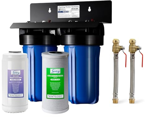 iSpring WGB21B-DS+AHPF12MNPT16X2 2-Stage Whole House Water Filtration System w/CTO Filter and Anti-Scale Filter, 3/4 Push-fit Stainless Steel Hose Connectors, Reduces Scale, Corrosion, Chlorine