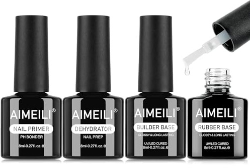 AIMEILI Builder Gel Dehydrator Primer und Rubber Base Set 4 x 8ml 7 IN 1 Builder Nail Gel Nail Prep Dehydrator und Primer Rubber Base Coat Unterlack für Fingernägel