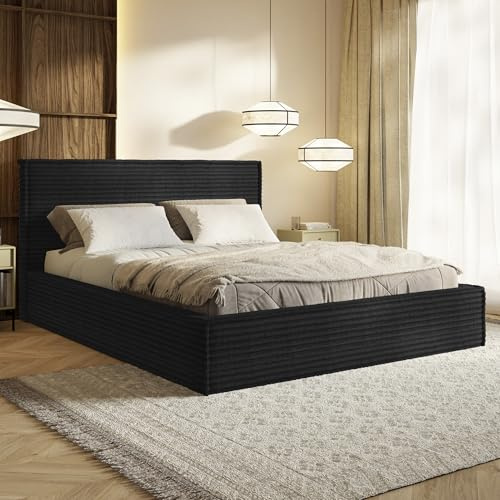 MOTIVENA Boho Bett 180x200 Schwarz Cord, mit Stauraum, mit Kopfteil, mit Lattenrost, ohne Füße, ohne Matratze, Polsterbett 180x200 mit Bettkasten Schwarz