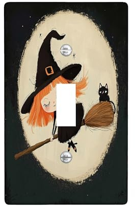 Spooky Halloween Witch Cats Decorative Light Switch Cover Plate 1 Gang Single Toggle, Cartoon Broom Moons Electrical Faceplate for Kitchen Bathroom, Witchy Switchcover Decor