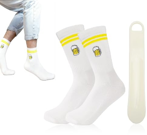 WOKICOR Bier Socken, Bestickte Lustige Socken, Atmungsaktive Sportsocken, Weiße Tennissocken 36-46, Lustige Geschenkideen Oktoberfest Weihnachten, für Männer Frauen, Inkl Schuhanzieher