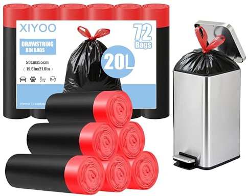 XIYOO Bin Bags 20L Bin Liners with Drawstring Handles 72 Counts Pedal Waste Bags Bathroom Small Strong Trash Bags fits 15-23l Rubbish Bin,Black
