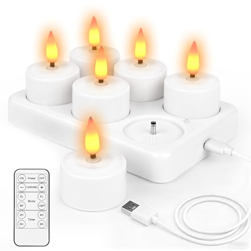 Diealles Shine LED Teelichter Wiederaufladbar mit Ladestation, 6 Stück LED Kerzen Aufladbare Elektrische Teelichter mit Fernbedienung Timer für Party Zimmer Wohnzimmer Halloween Weihnachten Deko
