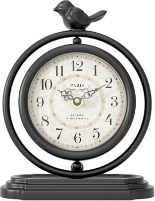 ChimeTide Schwarze Vintage Tischuhr mit Vogel, europäische Retro Kaminuhren | Schreibtisch- und Regaldekor-Uhr, für Wohnzimmer, Bauernhaus, Nachttisch, Schlafzimmer, Geschenk (20,1 cm H x 16 cm B)