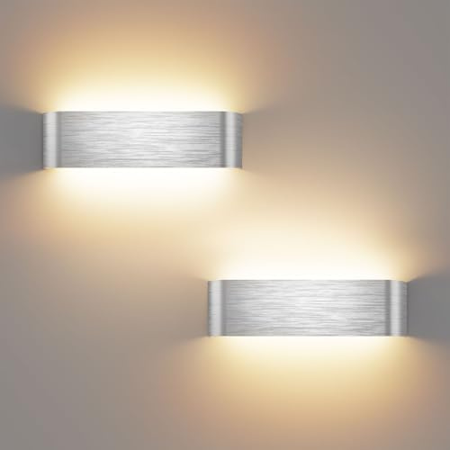 OOWOLF 2er-Set Wandleuchte Innen, 16W, 29.5cm, einstellbarer Farbtemperatur 3000K/4500K/6000K, Up-Down-Licht, Aluminium, silber gebürstet, für Flur, Schlafzimmer, Treppenhaus & Wohnzimmer