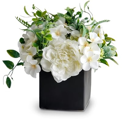 Artificial Flowers with Small Ceramic Vases, Artificial White Rose Flowers Table Decorations Centrepiece, Black Ornaments for Dining Coffee Table Bedroom Shelves Living Room Window Sill Decoration