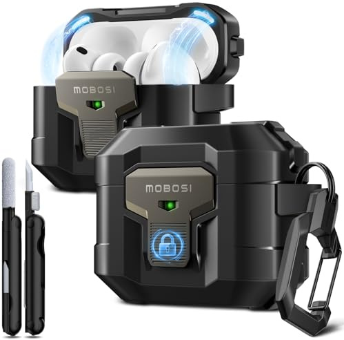 MOBOSI für Airpods Pro 3 Hülle mit Schloss,Schwarz | Militär Schutzhülle Kompatibel mit MagSafe,Staubdicht Case mit Karabiner&Reinigungsset,Hülle für AirPods Pro 3 (2025)