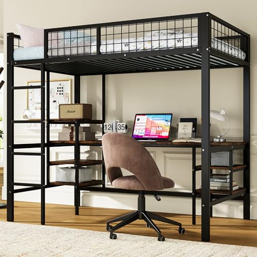 Gelukueub Letto in ferro, letto a castello, adatto per bambini e adolescenti, con tavolo e scaffale, con scala a quattro livelli, ferro + truciolato, nero+colore legno scuro, 90 x 200 cm