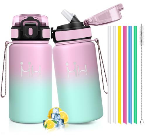 Mulbijeo Gourde Isotherme 500 ML, Gourde INOX avec Paille, Réutilisable, Bouteille d'eau sans BPA, Anti-Fuite, Isolation sous Vide en Acier Inoxydable à Double Paroi, pour Enfants, Adultes, Sport