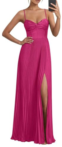 WSEYU ZMM037 - Vestido de dama de honor de gasa para mujer, largo y plisado, vestido de fiesta formal, vestido de invitada de boda, vestido de cóctel, fucsia, 36