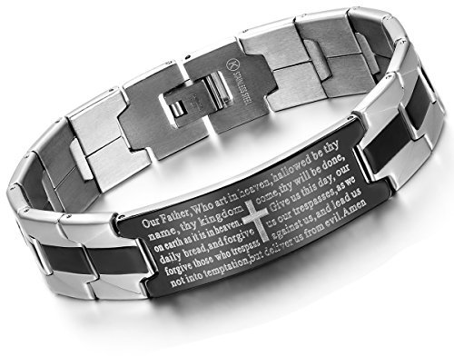Cupimatch Herren Armband mit Gravur Kreuz Bibel Mann Reif Edelstahl Armreif Christen Armkette Silber 25cm