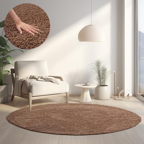 HomebyHome Teppich Rund Hochflor 80 cm Rund - Shaggy Runder Teppich Wohnzimmer Mokka Extra Weich und Flauschig - Waschbarer Langflor Teppiche für Schlafzimmer, Küche, Flur - Carpet, Halı, Kilim