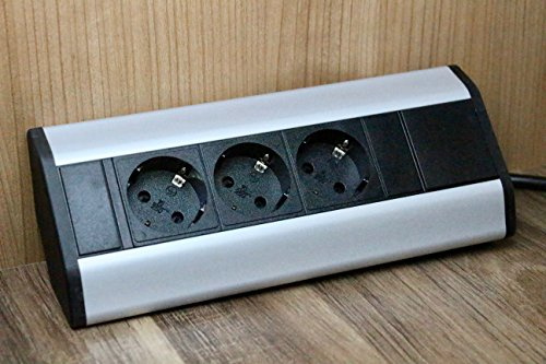 enchufe de esquina premium 3 x Schuko para cocina y oficina, aluminio. Múltiple con cable Schuko de 1,8 m, regleta para muebles y encimeras.
